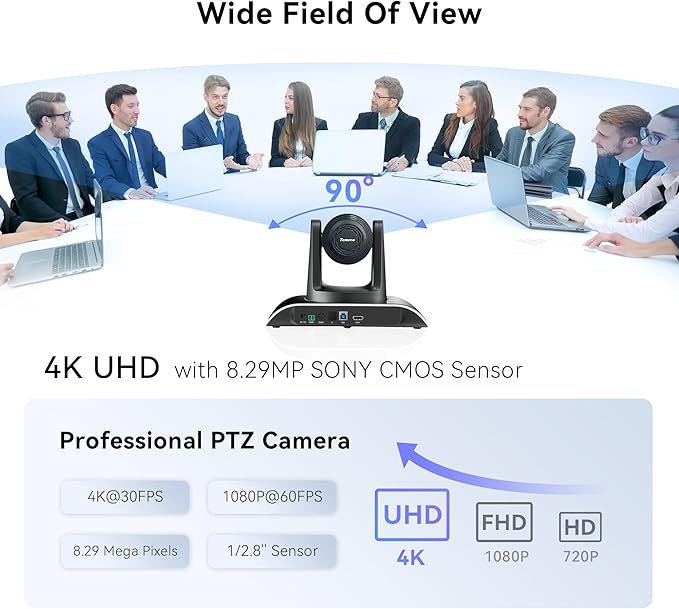 Tenveo UHD 4K PTZ Conference Room Camera 12X Optical Zoom USB3.0/HDMI Wide View Angle 4K PTZ Camera for Video Conference Church Services Worship Events Zoom/OBS/YouTube Live Streaming