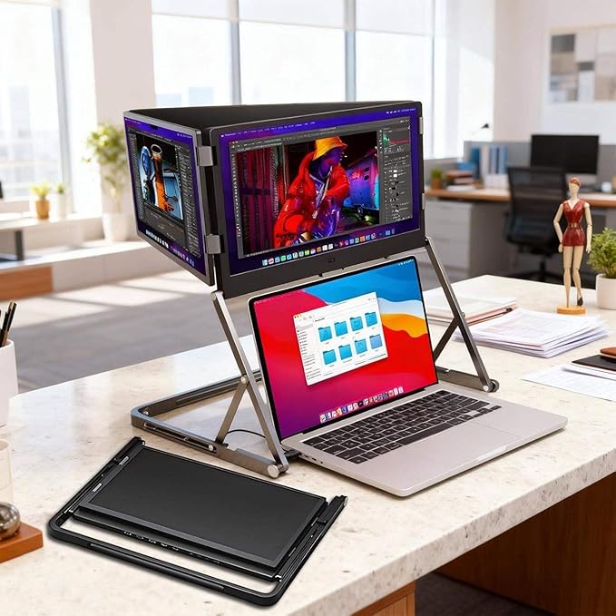 Triple Aero 15.6” Pro Premium Triple Portable Monitor Extender 1080P FHD Triple Screen Laptop Monitor Extender Portable Monitor for Lap Top with 360° Rotation Adjustable Viewing Angles