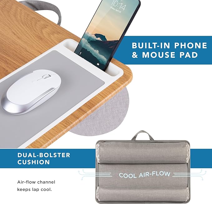 LAPGEAR Home Office Pro Lap Desk with Wrist Rest Mouse Pad and Phone Holder - Oak Woodgrain - Fits up to 15.6 Inch Laptops - Style No. 91599