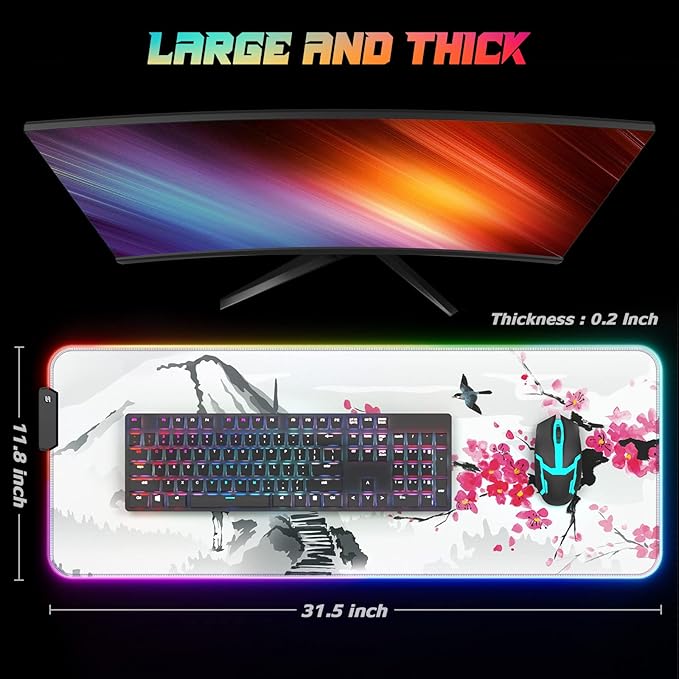 ITNRSIIET RGB Gaming Mouse Pad Full Desk XL Extended Large Gaming Mousepad 12 Lighting Modes 30% Thicker Big LED Desk Mat for Gamers 32 x 12 inches Japanese Mount Fuji Sakura