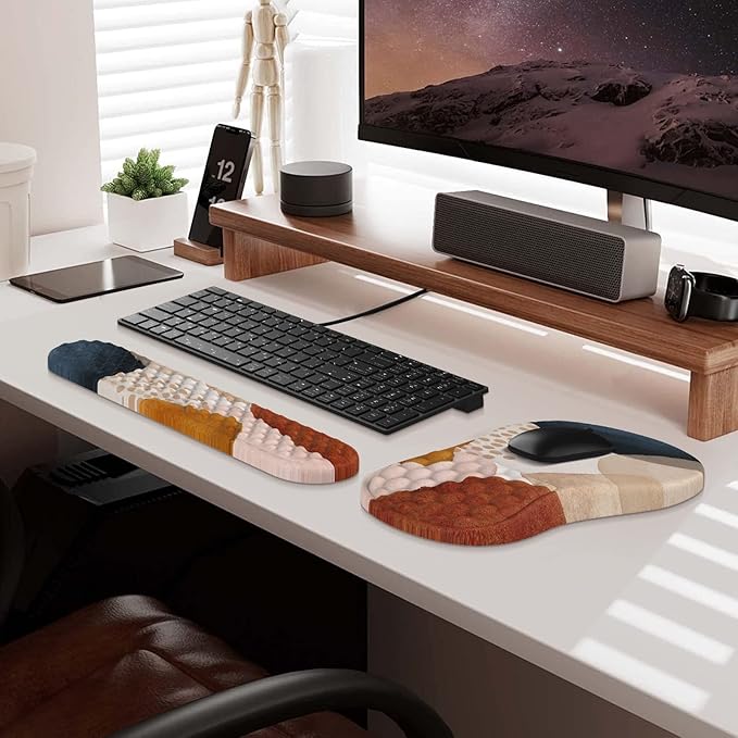 HAOCOO Ergonomic Mouse Pad Wrist Support and Keyboard Wrist Rest 3 PCS Computer Carpal Tunnel Mouse Pads for Desk with Coaster Set Memory Foam Mousepad with Non-Slip PU Base for Home Office Boho