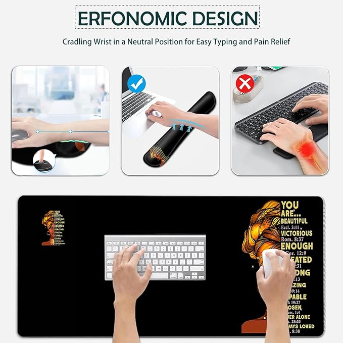 Large Mouse Pad Ergonomic Mouse Pad with Wrist Rest and Keyboard Wrist Rest 4 in 1 Set 31.5 x11.8 inch Extended Desk Pad for Home Office African American Black Queen Women XXL Gaming Mouse Mat