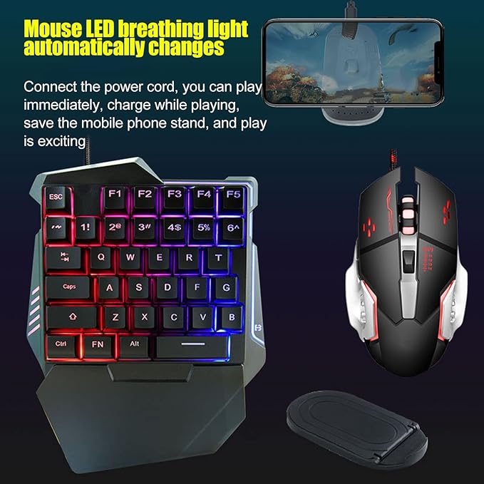 Dilwe One Hand RGB Gaming Keyboard and Backlit Mouse Combo USB Wired 35 Keys Keyboard 6 Keys Gaming Mouse Converter Set with Bracket for PC