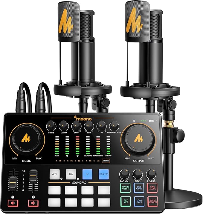 MAONO Podcast Equipment Bundle for 2: Audio Interface Mixer with 2 XLR Condenser Mic Noise Reduction Podcast Streaming MaonoCaster E2 Gen2B