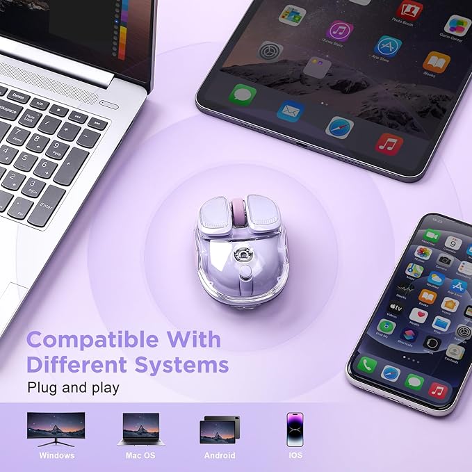 Q9 Chargeable Portable Silent 2.4GHz/Bluetooth Dual Mode Wireless Mouse 4 Adjustable DPI4800 DPI Optical Tracking Mouse with RGB Lighting Compatible Win/Mac/Android/iOS(Purple)