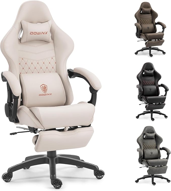 Dowinx Gaming Chair Big and Tall with Dual Extended Footrest &amp Massage Ergonomic Reclining Computer Chair for Adults Racing-Style Gamer Chair 400lbs Capacity Heavy Duty Office PC Chair (White)