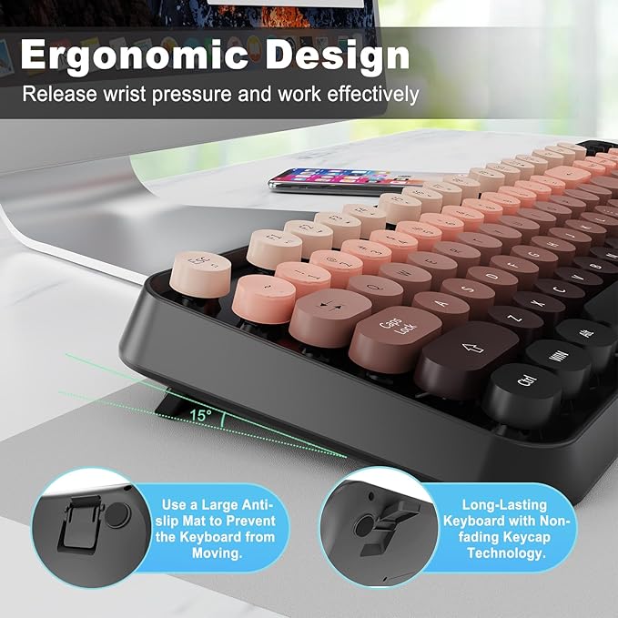 FOPETT Wireless Keyboard and Mouse Combo 104 Keys Full-Sized 2.4 GHz Round Keycap Colorful Keyboards USB Receiver Plug and Play for Windows Mac PC Laptop Desktop (GradientPink)