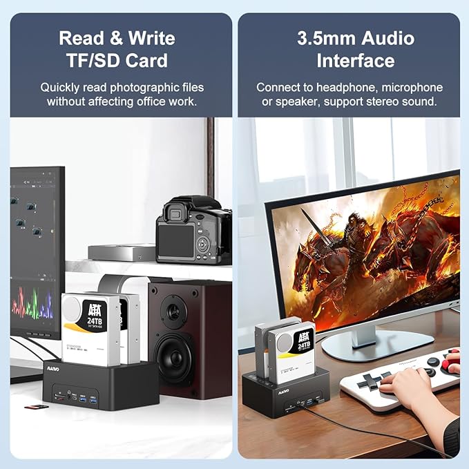 MAIWO 2 Bay Hard Drive Docking Station for 2.5'' 3.5'' SATA HDD/SSD Duplicator Offline Cloner Type-C USB 3.1 HDD Dock with HDTV Port/4 USB Hub/Gigabit Ethernet/3.5mm Audio/BT5.0 SD TF Card Slot