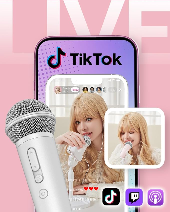 Singing Microphone with Earphone &amp Stand Ideal for Vocal Recording Podcasting Live Streaming Gaming Compatible with Smule &amp Starmaker &amp Stingray USB-C Dongle &amp Lightning Adapter