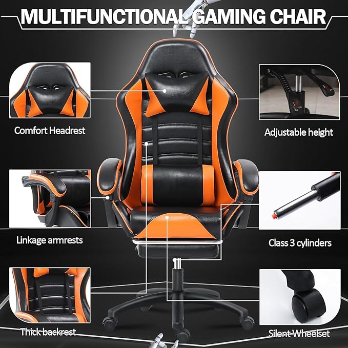 Gaming Chair - Premium Gaming Chairs for Adults Adjustable Video Game Chairs Comfy Gamer Chairs for Adults Uniquely Designed VTech Gaming Office Silla Gamer (Black+Orange)