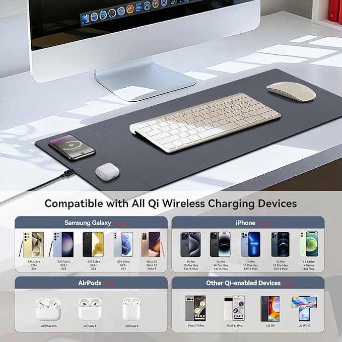 Wireless Charging Mouse Pad 15W Fast Charge Magnetic Charger Desk Pad Large Office Desk Mat (31x11.7) with Ultra-Smooth Surface Gray Computer Mousepad for MacBook PC Laptop