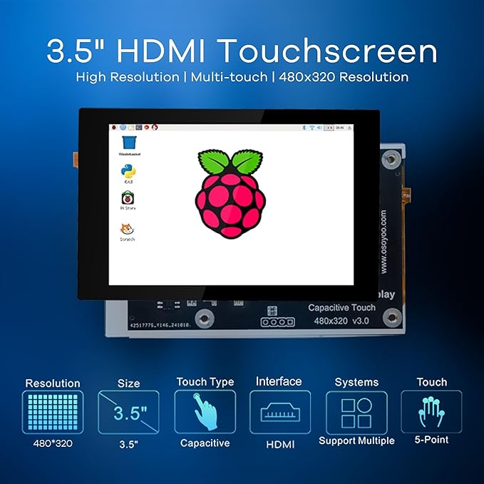 OSOYOO 3.5 inch HDMI Capacitive Touch Screen for Jetson Nano/Raspberry Pi 5 4 3B / PC Pulg and Play Compatible with Windows 11 10 8 7 Raspberry Pi OS Ubutun Kali