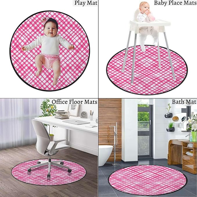 Pink White Office Chair Mat for Hardwood Floor &amp Tile Floor Anti-Slip Floor Protector Mat for Rolling Chair Washable Reusable Girls Style Checked Design Diameter 59 in