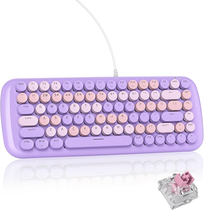 Purple Creamy Mechanical Gaming Keyboard Aesthetic Keyboard w/White Backlit 84 Keys Cute Retro Typewriter Computer Keyboard Wired w/Pink Switch Round Keycap for Windows/PC/PS5 (Purple)