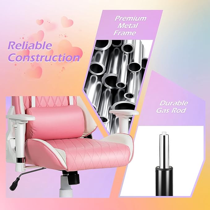 GYMAX Gaming Chair Pink Ergonomic High Back Computer Chair with Headrest &amp Lumbar Support Racing Style Desk Task Rolling Chair for Home Office Gaming Working Studying