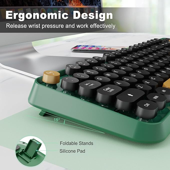 FOPETT Wireless Keyboard and Mouse Combo 104 Keys Full-Sized 2.4 GHz Round Keycap Colorful Keyboards USB Receiver Plug and Play for Windows Mac PC Laptop Desktop (Black Green)
