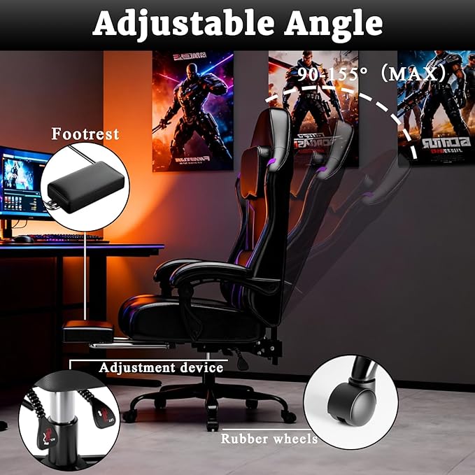 Gaming Chair with Pocket Spring Cushion and Footrest Ergonomic Computer Chair for Adults Breathable PU Leather Game Chair Adjustable Headrest and Lumbar Support Office Desk Chair