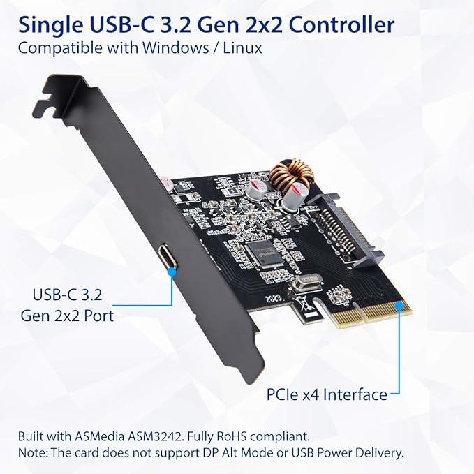 Syba Single Port USB-C 3.2 Gen 2x2 PCI-e Gen 3 x4 Expansion Card ASMedia ASM3242