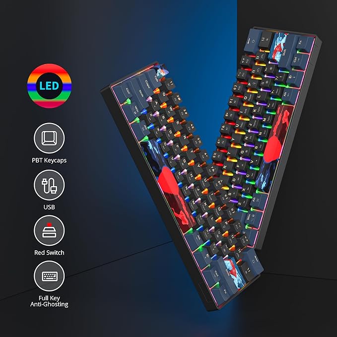60 Percent Gaming Keyboard 61 Keys Mechanical Keyboard Rainbow Backlit Ultra Compact Wird Keyboard with Red Switches for Win Ps4/5 Xbox(61 Blue)