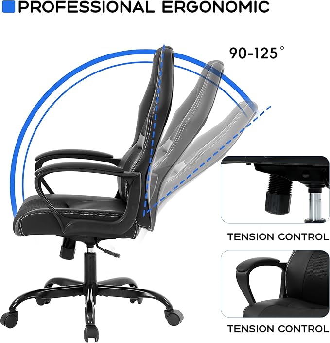 MKDLUFEI Video Game ChairErgonomic Office Chair Desk Chair and Lumbar Support PU Leather Recliner with HeadrestHeight Adjustable Computer Chair for Adults (Black)