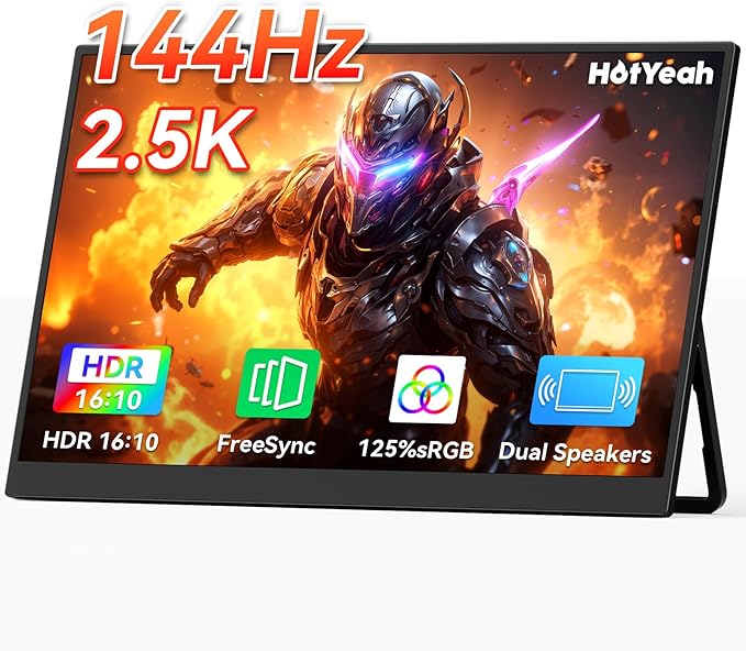 HotYeah 16 2.5K 144Hz Portable Gaming Monitor 2560x1600 QHD 125% sRGB USB-C HDMI Monitor for Laptop External Monitor w/180° Adjustable Kickstand for MacBook Laptop PC Phone Tablet Switch PS5