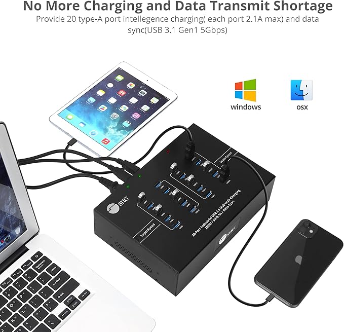 SIIG 20-Port Industrial USB 3.0 Hub with Charging - 200W 5Gbps with 5V/2.1A per Port Powered Multiport Hub Expander for Laptop Tablets Cellphone External HDD Keyboard and Mouse (ID-US0611-S1)