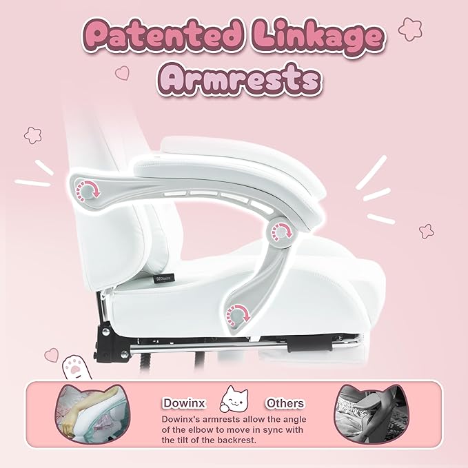 Dowinx Gaming Chair Cute with Cat Ears and Massage Lumbar Support Ergonomic Computer Chair for Girl with Footrest and Headrest Comfortable Reclining Game Chair 290lbs for Adult Teen White