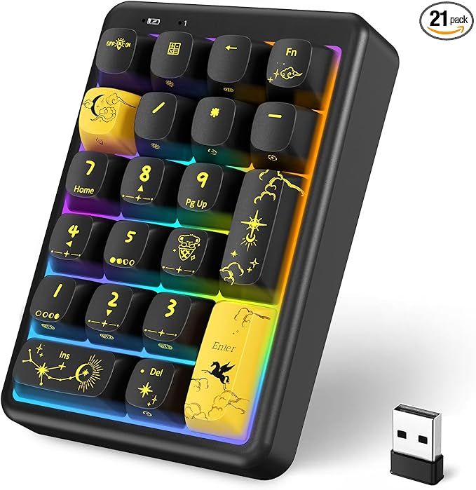 NumberPad21Keys HotSwappable NumpadBluetooth5.0/2.4G/Type-C Wireless Numeric KeypadRechargeable Number keypadRGB Gasket Structure Mechanical Keyboard with PBT Keycap for PC Laptop Notebook (Black)