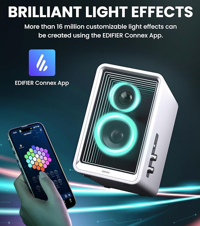 Edifier QR65 Desktop Active Monitor with 2.75 Long-Throw Aluminum Diaphragm mid-Low Drivers Hi-Res Audio Brilliant Light Effects 70W Output Power Bluetooth Speakers with Stands - White