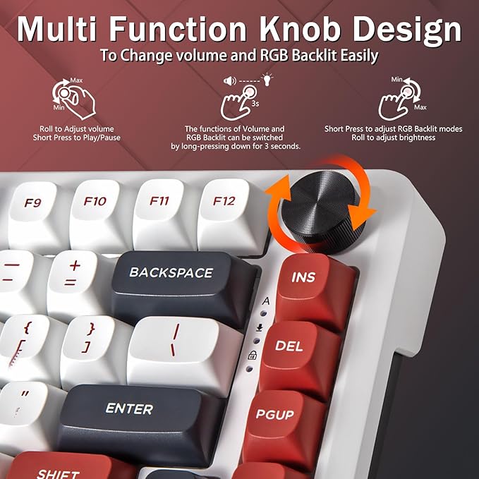 E-YOOSO 75% Wired Mechanical Gaming Keyboard Creamy Sound Hot Swappable Pre-lubed Linear Switches Gasket Structure Knob Control RGB Backlit Compact Custom for PC White/Red