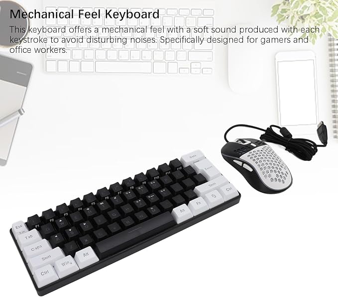 Wired Gaming Keyboard RGB Illuminated Keyboard with Mouse Multi Color LED Backlit for Tablet Laptop Mechanical Feel with Soft Sound Plug and Play (Black Center White Frame)
