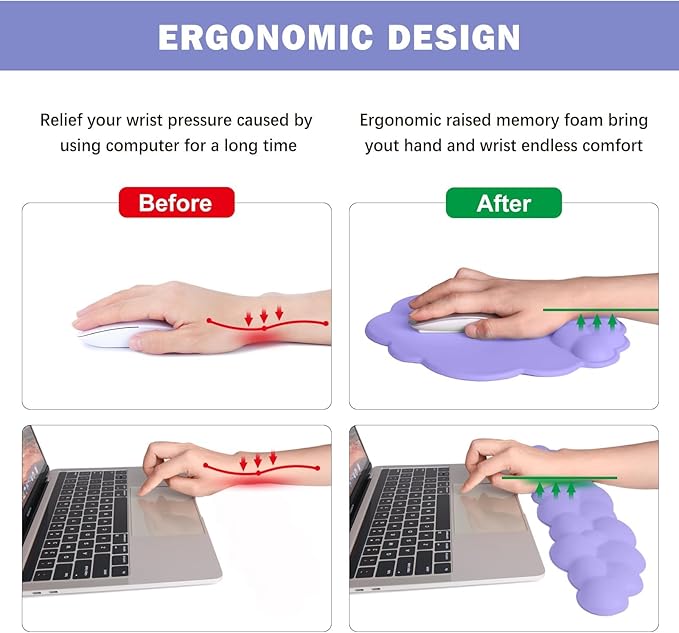 Cloud Keyboard Wrist Rest and Mouse Pad with Wrist Support Set Ergonomic PU Leather Mousepad Pain Relief Memory Foam Non-Slip for ComputerLaptopLavender Purple