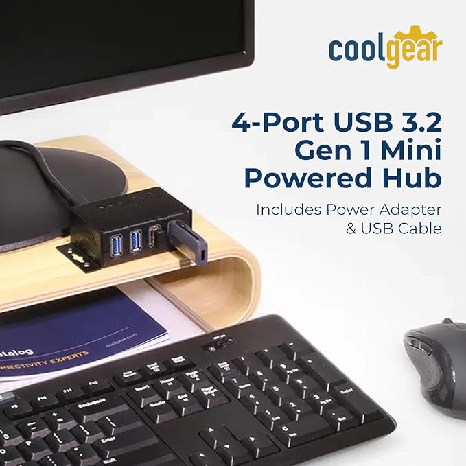Coolgear 3.2 Gen 1 USB Hub - 4 Port USB Hub with 5Gbps Data Transfers Mountable Metal Housing 5V Power Adapter ESD Surge Protection Bus or Self Powered