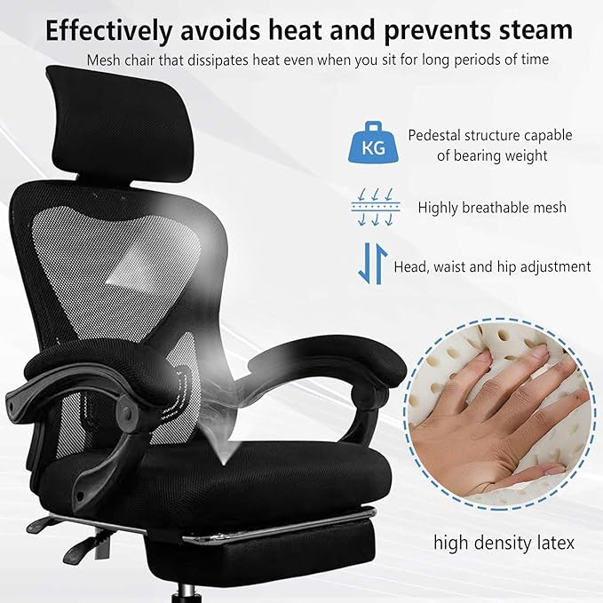 Computer Chair with Footrest Headrest and Backrest 90-135 AdjustableWheels 360 Swivel Pc Gaming Chair Breathable Meshfor Home/Study/WorkingWhite+Black