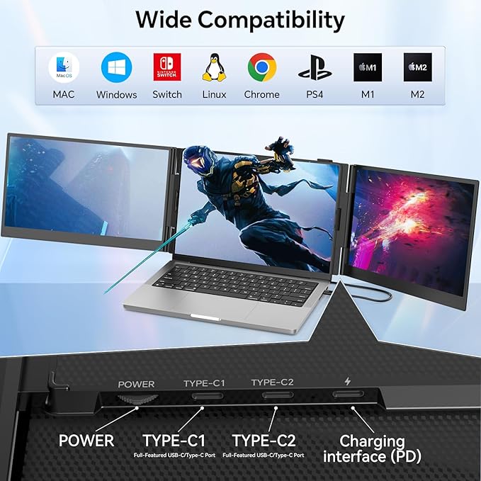 14.2’’ Triple Laptop Screen Extender 0.17 Ultra-Slim FHD 1080P Portable Monitor for Laptop Tri-Screen Travel Monitor Extender Plug-Play for Windows/Mac/Chrome Fit 13”-17.3” Laptops