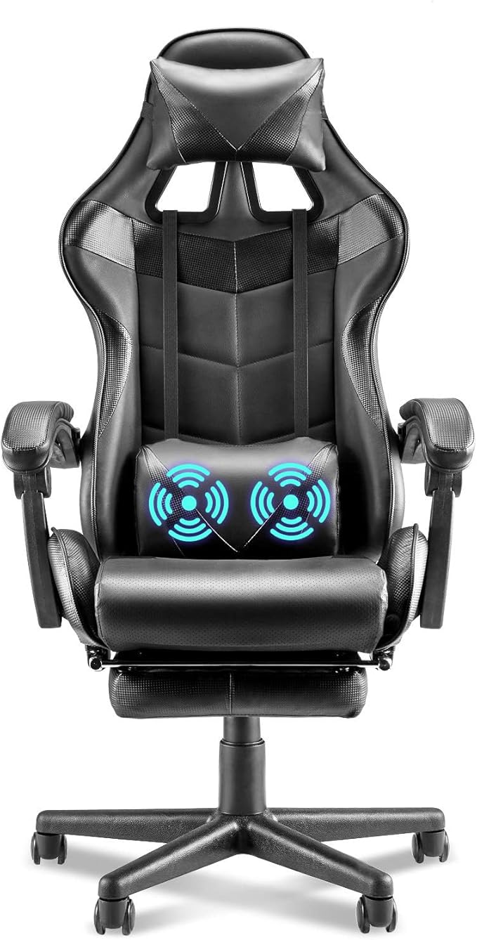 Huracan Gaming Computer Chair with Footrest Adjustable Video Game Chairs for Adults Heavy Duty Office Chair with Headrest and Lumbar Support Black