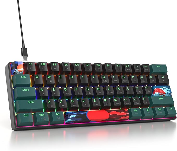 60 Percent Gaming Keyboard Mechanical with Linear Red Switch 60% Wired Ultra-Compact Mini Keyboard Rainbow with PBT Keycaps for Ps4/Ps5/Xbox(61 Green)