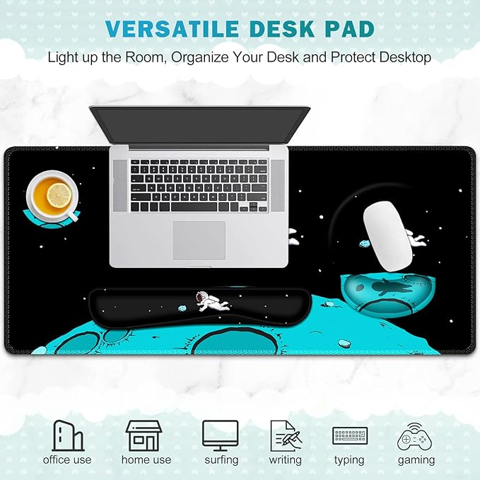 Gaming Mouse Pad Large Desk Mat Cute Desk Pad Protector 4in1 XXL Mousepad + Keyboard Wrist Rest+Mouse Wrist Rest+Coaster Set with Ergonomic Desk Pad for Home Office PC Computer Cool Space Alien
