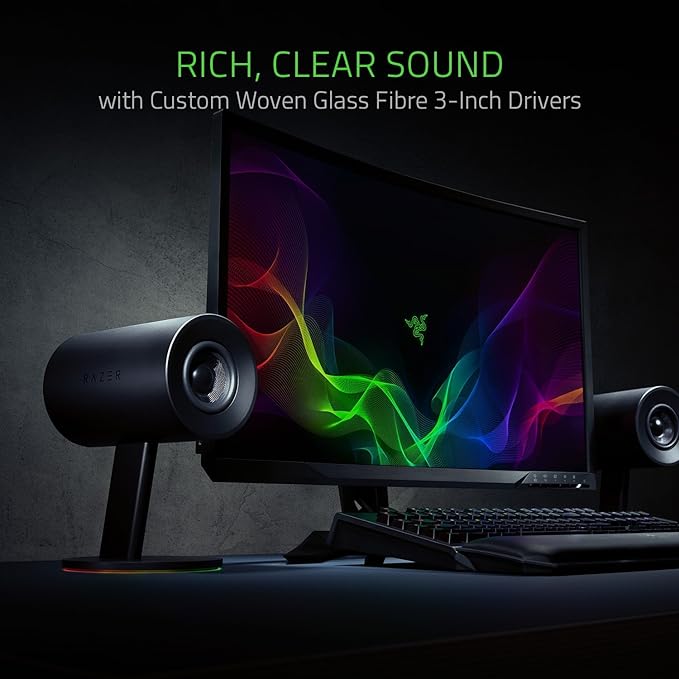 Razer Nommo Chroma: Custom Woven 3 Glass Fiber Drivers - Rear-Facing Bass Ports - Bass Knob w/Automatic Gain Control Chroma Enabled - Full Range 2.0 PC Gaming Speakers Black