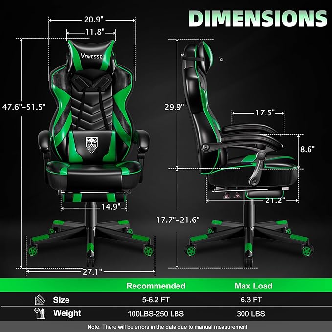 Vonesse Gaming Chair Big and Tall Gaming Chair with Footrest and Massage Gaming Chairs for Adults with Lumbar Support Ergonomic High Back Computer Chair with Pocket Spring Cushion (Green/Black)