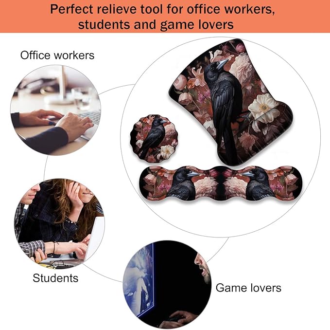 Ergonomic Keyboard Wrist Support Pad and Wrist Support Mouse Pad Anti-Slip with Gel Memory Mouse Pad Set Suitable for Office Use/Home Use - Magpie Peony Bird Flowers