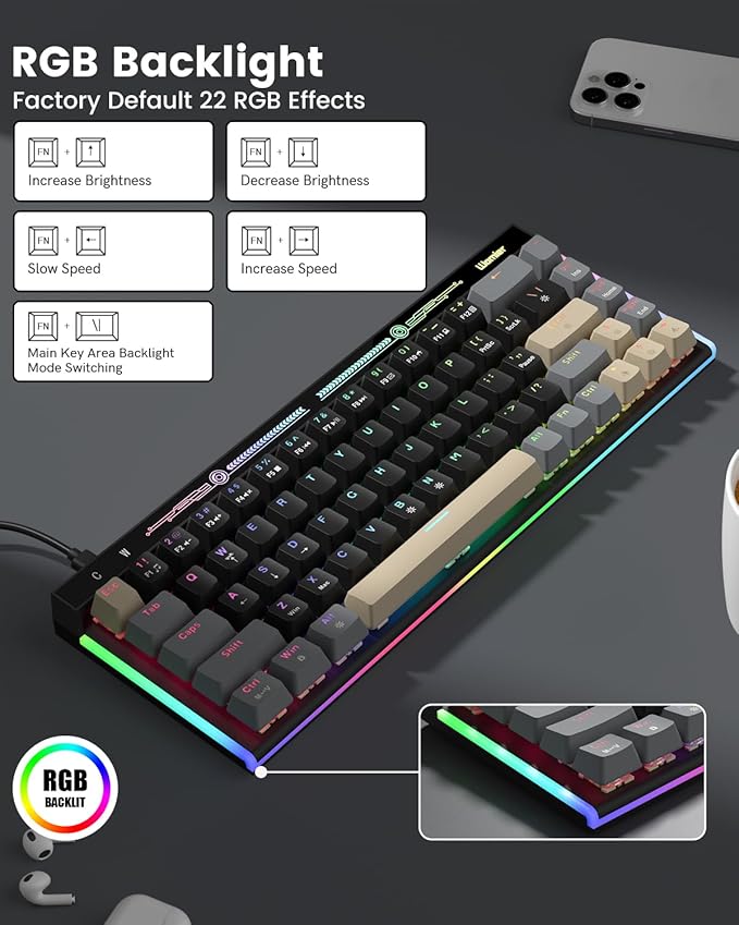 VK68 65% Gaming Keyboard Wired Backlit Mini Keyboard Ultra-Compact Anti-Ghosting No-Conflict 68 Keys Gaming Wired Keyboards for PC Laptop Windows Gamer Black