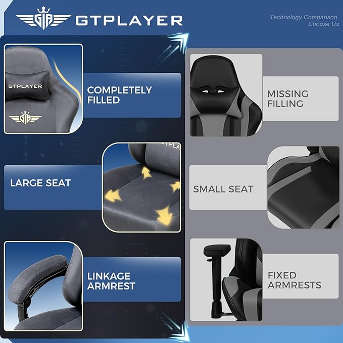 GTPLAYER Gaming Chair Fabric with Pocket Spring Cushion Big and Tall Gamings Chairs 350LBS High Back Computer Chair with Footrest for Adults Lumbar Support Swivel Game Chair for Office Dark Grey