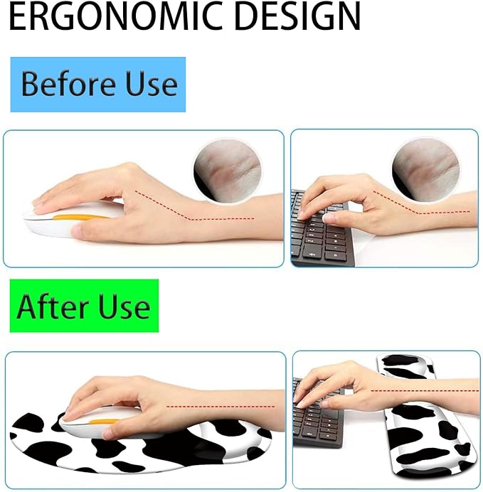 Keyboard Wrist Rest and Mouse Pad Wrist Support Set with CoastersErgonomic Gaming Mousepad for Home Office Working Studying Easy Typing &amp Pain ReliefCow Print