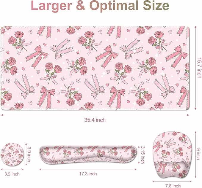 Pink Mouse Pad with Wrist Support 4 in1 Set XXL Big Game Mousepad + Keyboard Wrist Rest + Mouse Wrist Rest Pad +Coaster Gaming Mat for Home Office Work Computer Laptop PC I Sweet Rose &amp Heart Bow