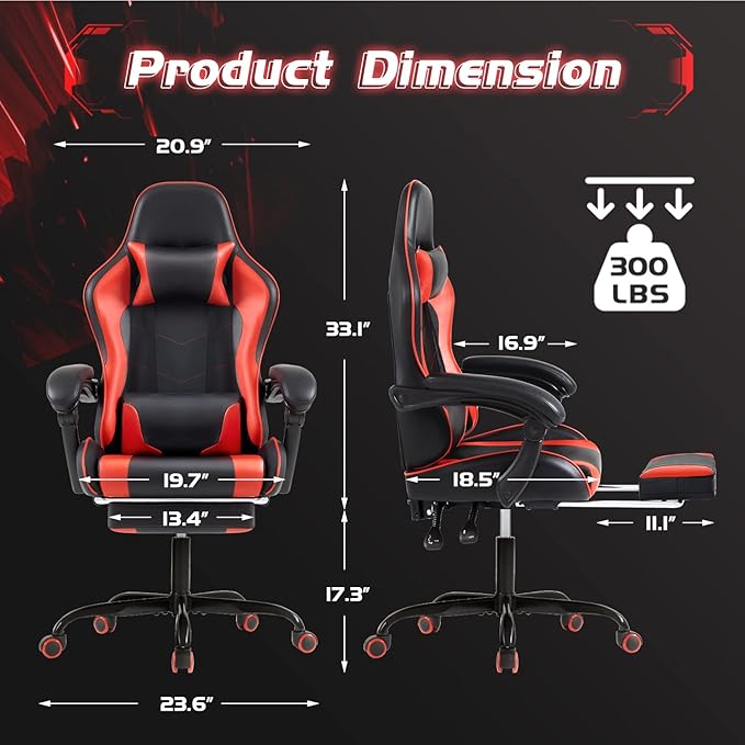 Shahoo Gaming Chair Video Gaming Chair with Footrest and Lumbar Support Ergonomic Computer Chairs with 360° Swivel and Height Adjustable Spin Chair with Headrest for Home Office Study Room (Red)