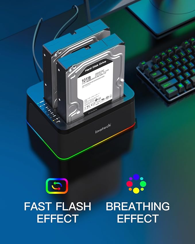 Inateck RGB USB 3.0 USB-C Port Hard Drive Docking Station with Offline Cloning for 2.5/3.5 Inch SATA HDDs and SSDs 2 x 20TB Dual Bay Docking Station UASP Supported SA02003C