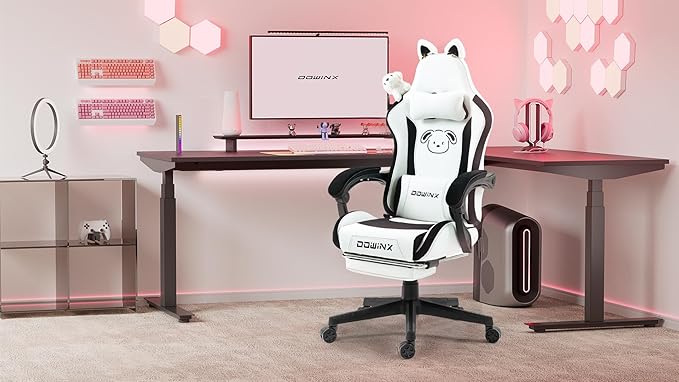 Dowinx Gaming Chair Cute with Plush Doggy and Massage Lumbar Support Ergonomic Computer Chair for Girl with Footrest and Headrest Comfortable Game Chair 290lbs for Adult Teen Black and White