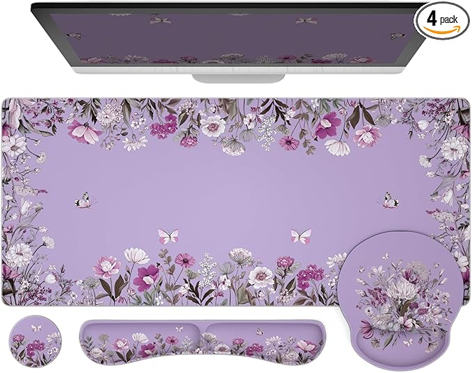 Ovenbird Mouse Pad Set 4-in-1 | Large Gaming Mousepad Keyboard Wrist Rest Mouse Wrist Support Coaster | Ergonomic Office Desk Mat Accessories for Women Men | 4PCS 35.4 x 15.7in Purple Floral
