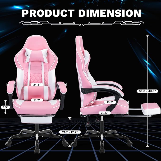 Gaming Chair with Footrest High Back Ergonomic Computer Chair Height Adjustable Game Chair with Headrest and Lumbar Support for Office or Gaming (Pink with Massage)